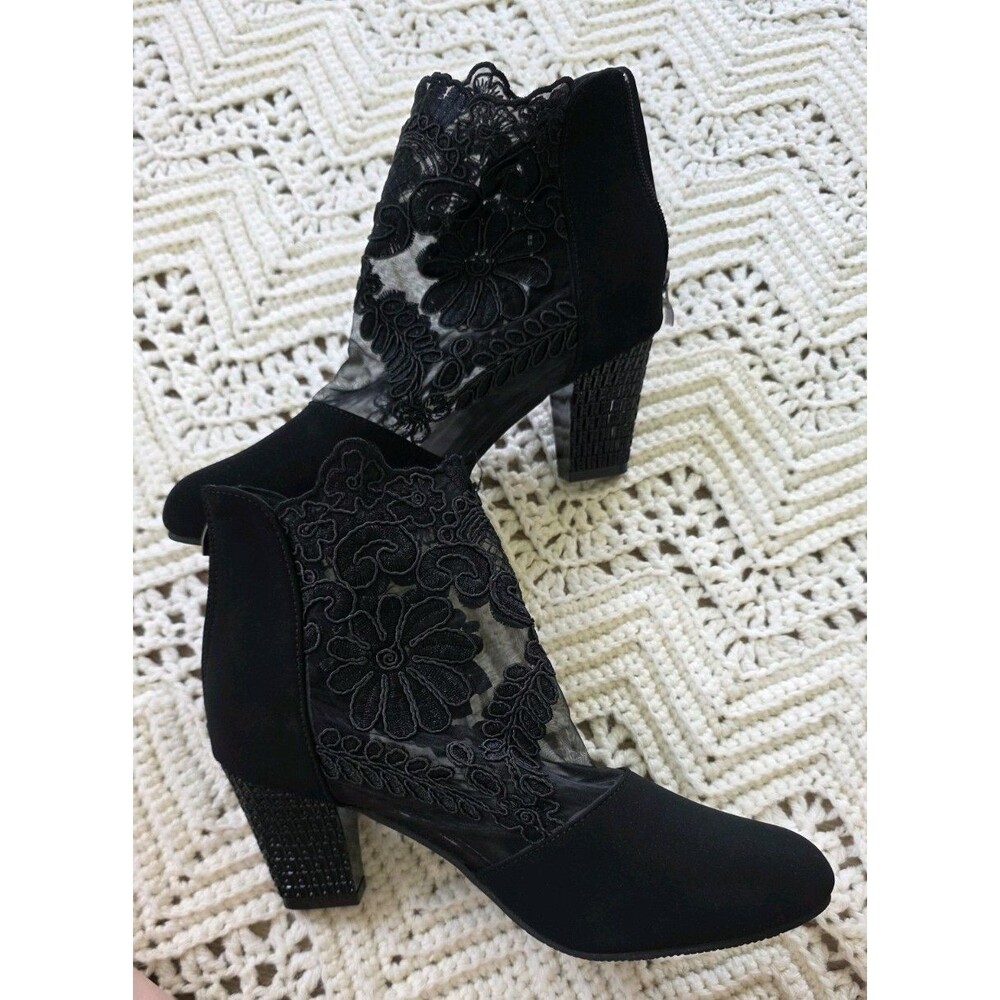 Black Lace Mesh Ankle Boots Womens US 9 Block Heel Embroidered Floral Gothic New